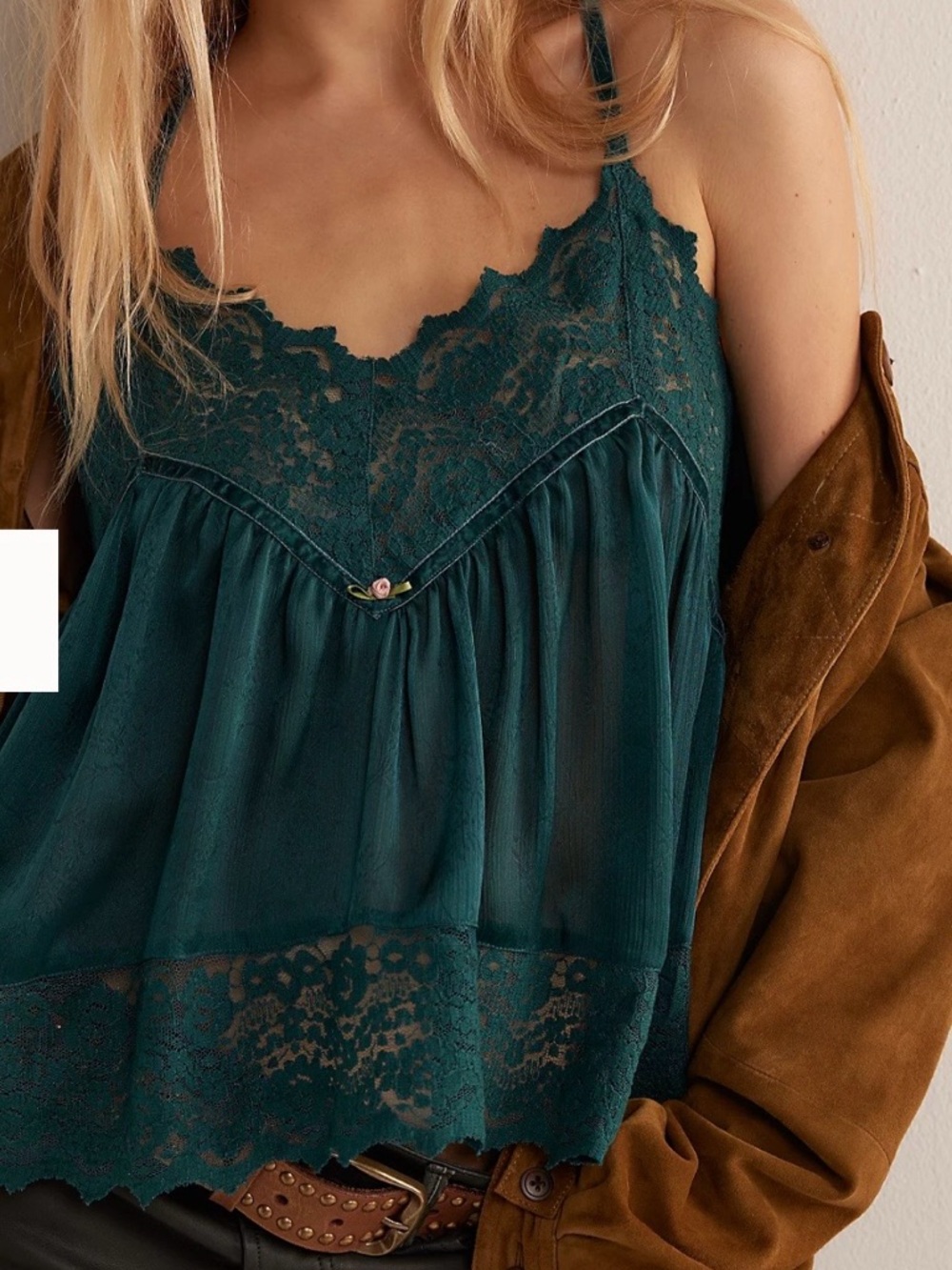 Z907.  Free People Fiona Satin Cami Lace Trim Cami in Deep Teal NWT